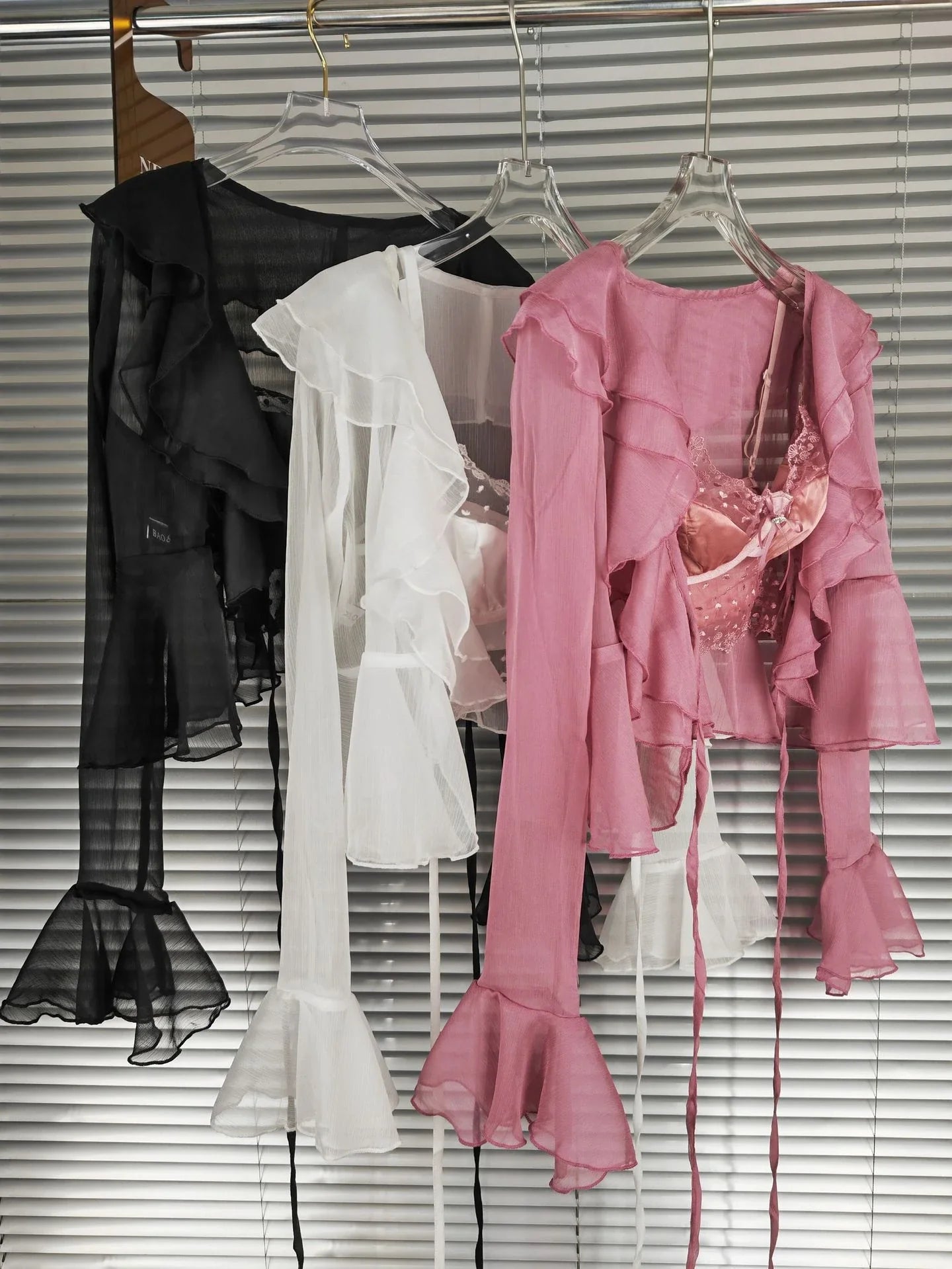 Lace Suspender Chiffon Cardigan Two-Piece Set in Black, White, and Pink colours