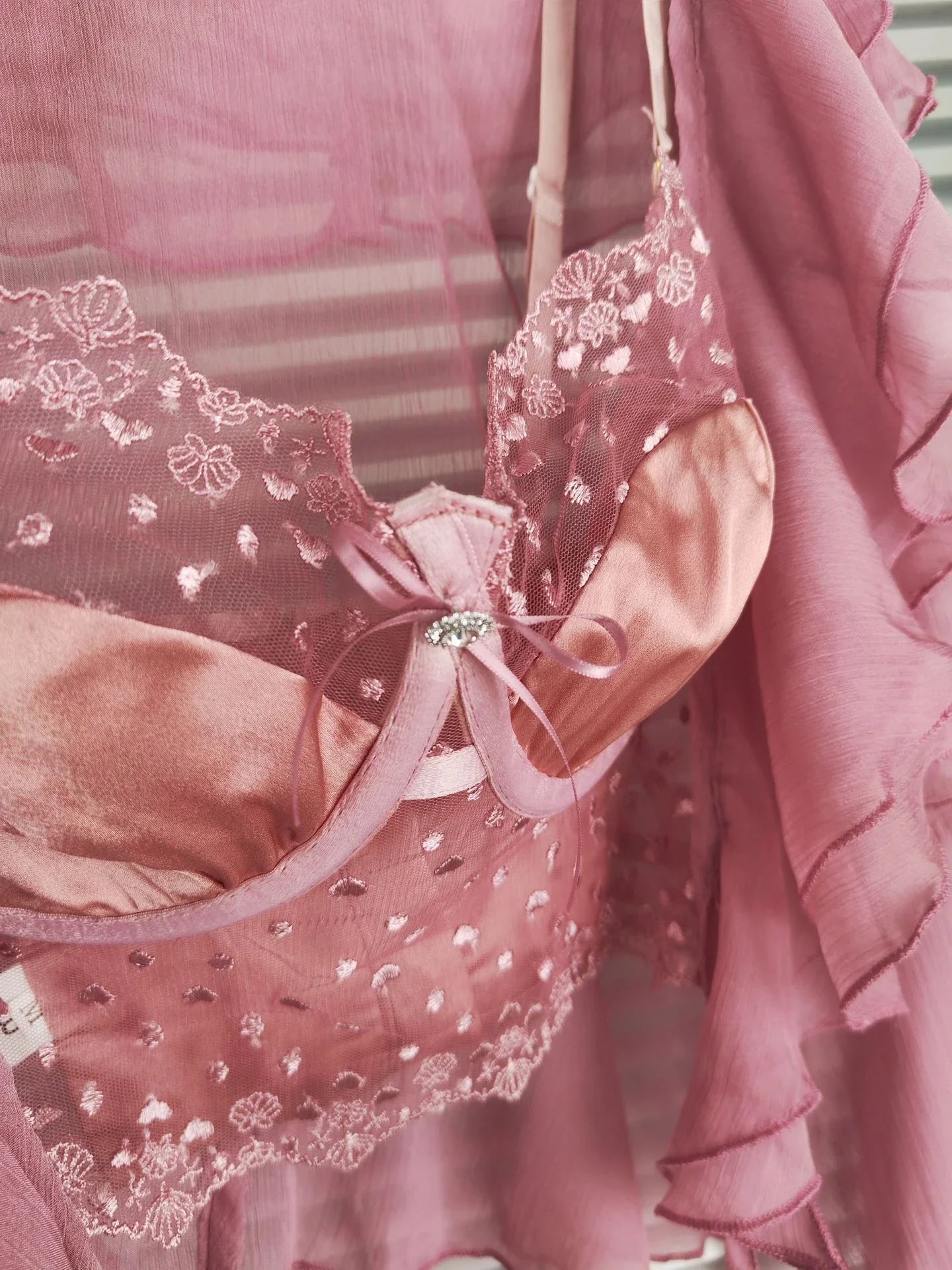 Lace Suspender Chiffon Cardigan Two-Piece Set in Black, White, and Pink colours