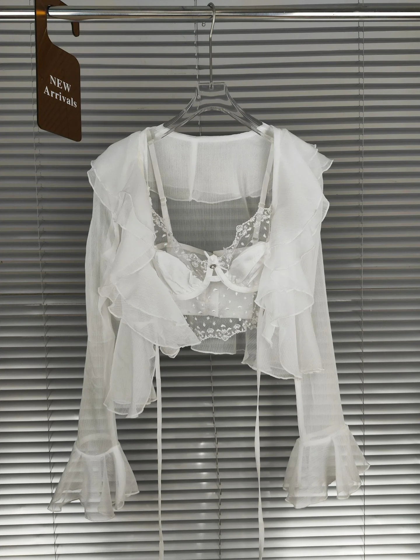 Lace Suspender Chiffon Cardigan Two-Piece Set in Black, White, and Pink colours