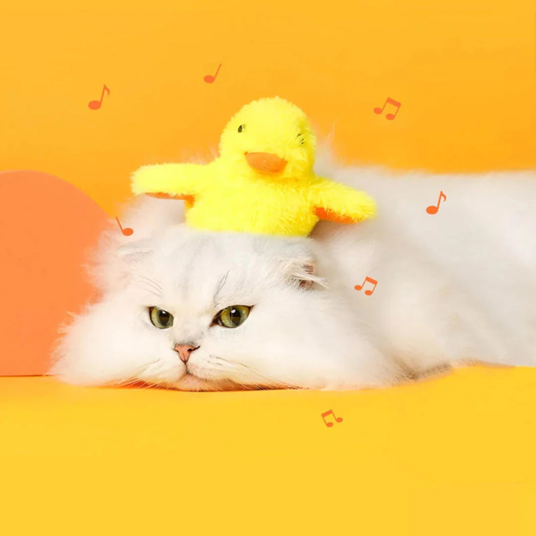 Interactive yellow duck-shaped cat toy with vibration sensor and washable plush cover