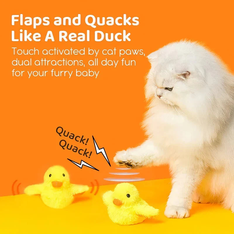 Interactive yellow duck-shaped cat toy with vibration sensor and washable plush cover