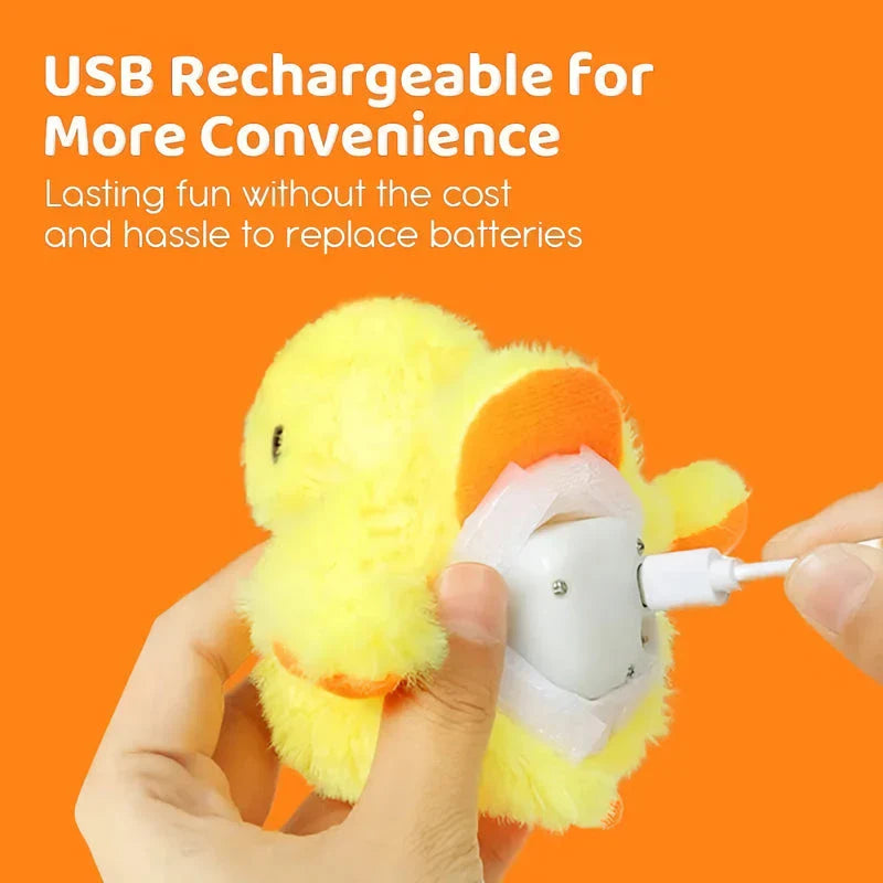 Interactive yellow duck-shaped cat toy with vibration sensor and washable plush cover