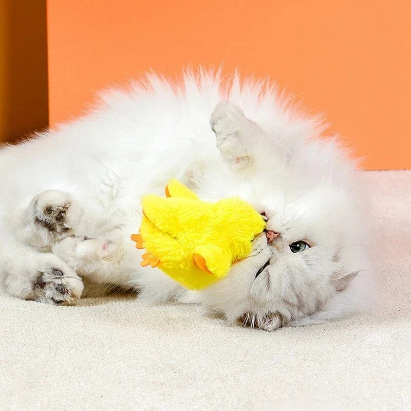 Interactive yellow duck-shaped cat toy with vibration sensor and washable plush cover