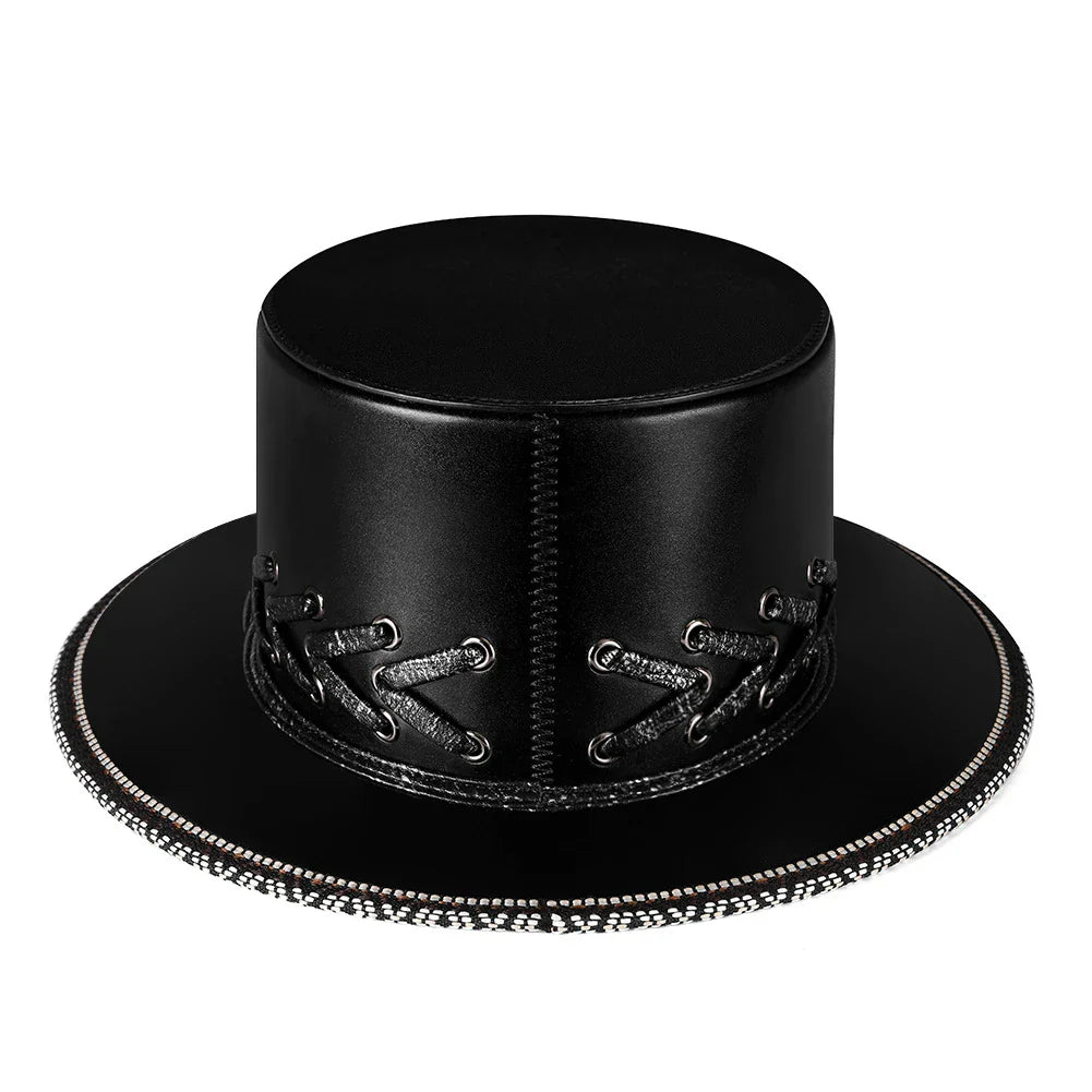 Trendha Halloween Punk Skull Black Top Hat with rivets and flat-top design