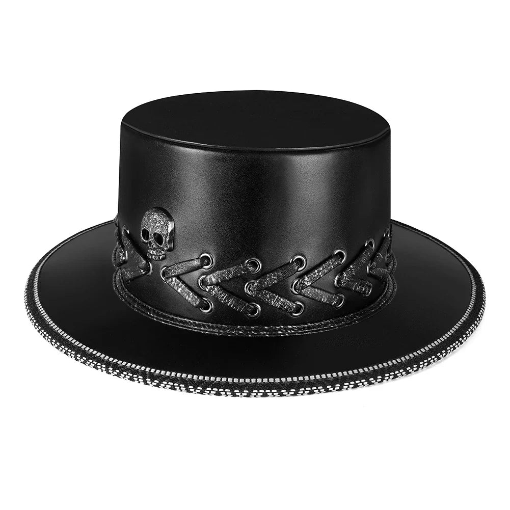Trendha Halloween Punk Skull Black Top Hat with rivets and flat-top design