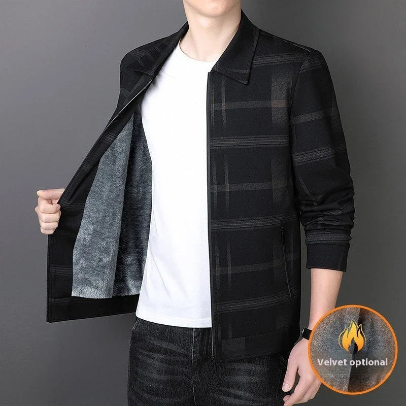 A stylish men's turn-down collar coat in a classic plaid design, perfect for autumn and winter wear.