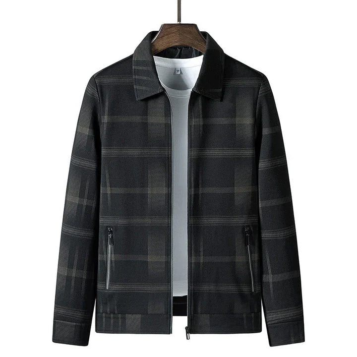 A stylish men's turn-down collar coat in a classic plaid design, perfect for autumn and winter wear.