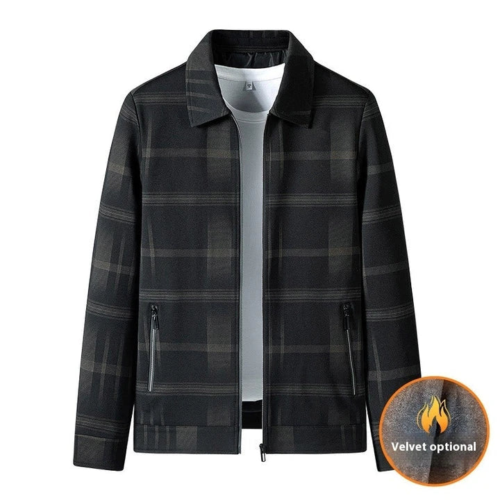 A stylish men's turn-down collar coat in a classic plaid design, perfect for autumn and winter wear.