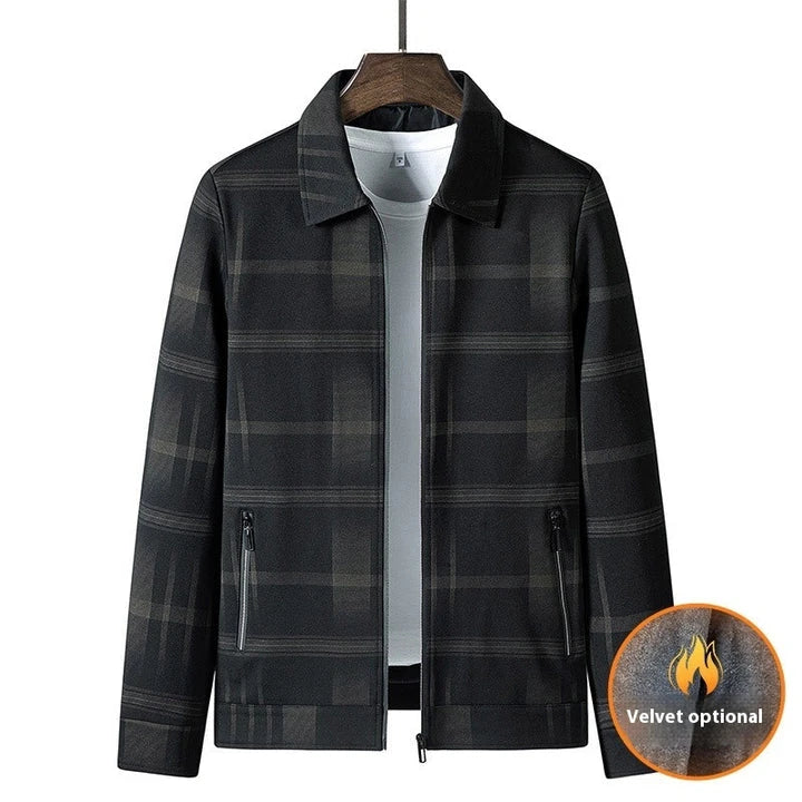A stylish men's turn-down collar coat in a classic plaid design, perfect for autumn and winter wear.