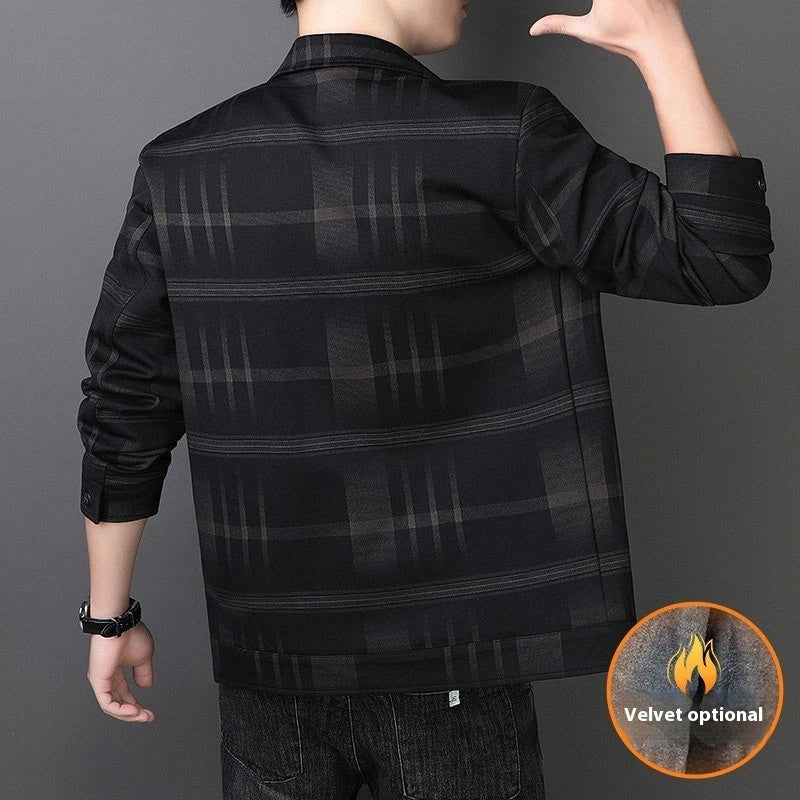 A stylish men's turn-down collar coat in a classic plaid design, perfect for autumn and winter wear.