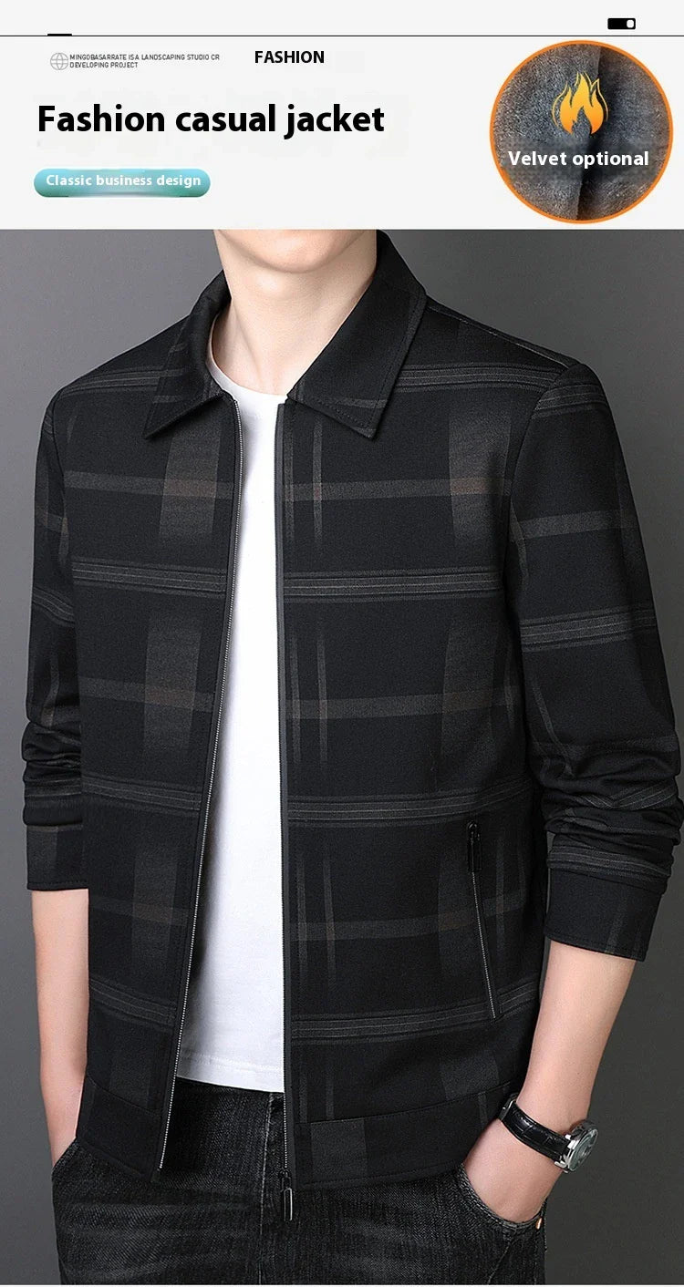 A stylish men's turn-down collar coat in a classic plaid design, perfect for autumn and winter wear.