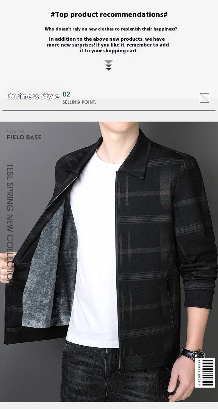 A stylish men's turn-down collar coat in a classic plaid design, perfect for autumn and winter wear.