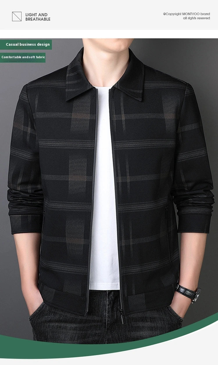 A stylish men's turn-down collar coat in a classic plaid design, perfect for autumn and winter wear.