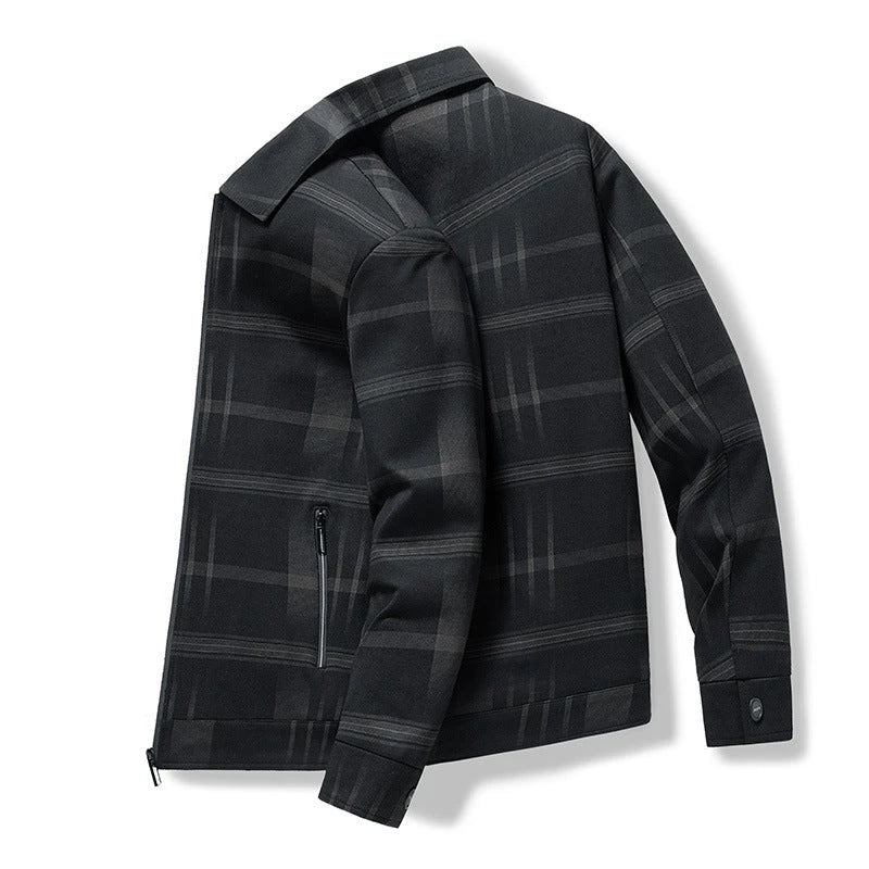 A stylish men's turn-down collar coat in a classic plaid design, perfect for autumn and winter wear.