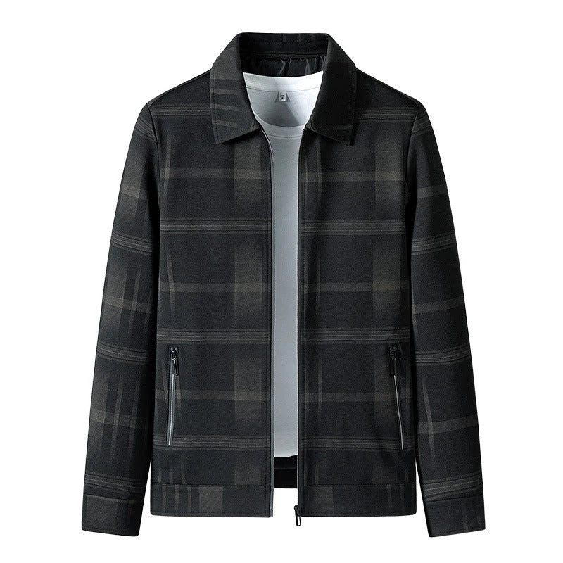 A stylish men's turn-down collar coat in a classic plaid design, perfect for autumn and winter wear.