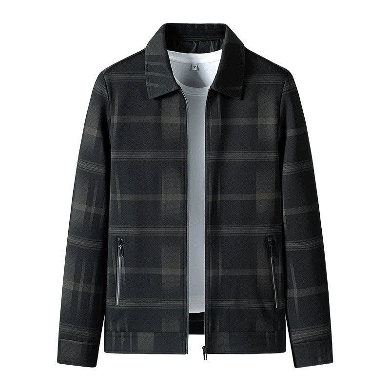 A stylish men's turn-down collar coat in a classic plaid design, perfect for autumn and winter wear.