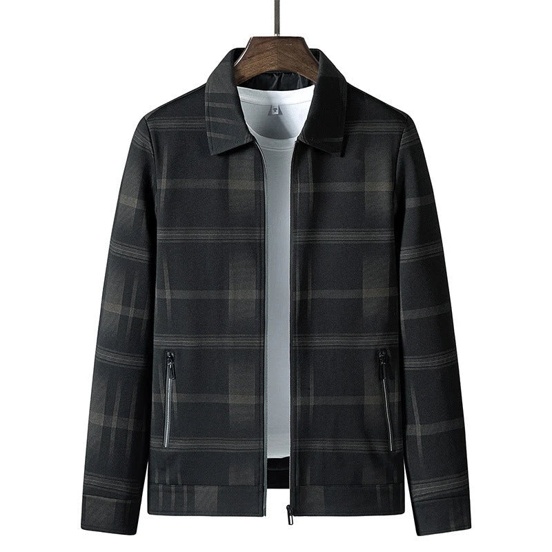 A stylish men's turn-down collar coat in a classic plaid design, perfect for autumn and winter wear.