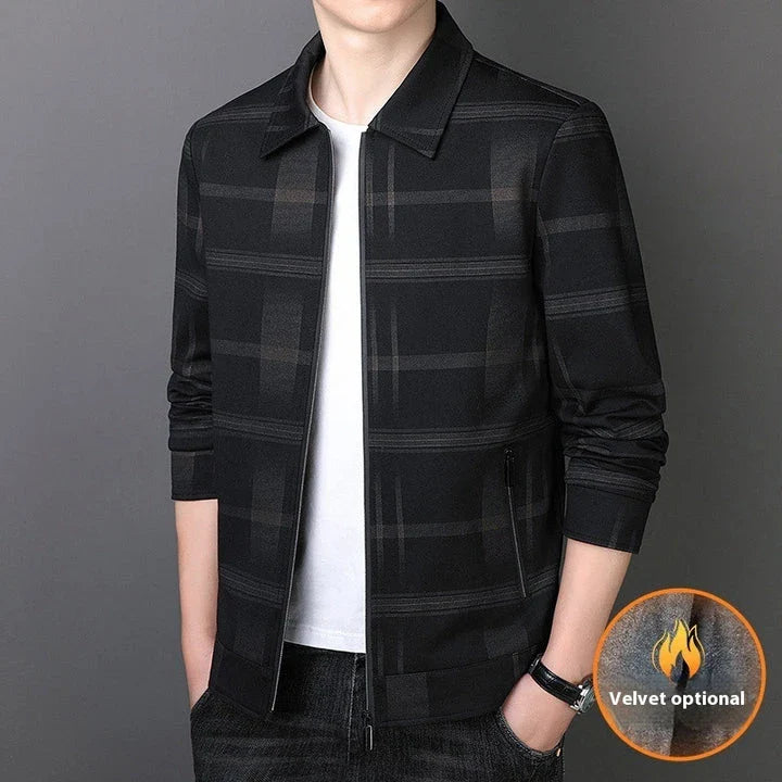 A stylish men's turn-down collar coat in a classic plaid design, perfect for autumn and winter wear.
