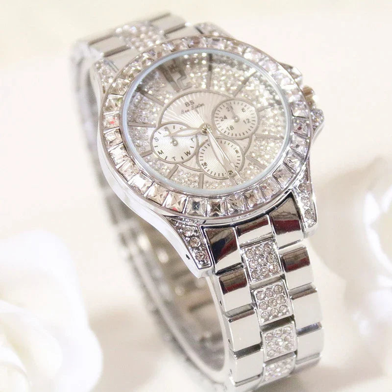 Ladies' Fashion Luxury Three-Eye Fully Bejewelled Crystal Large Dial Quartz Watch - Elegant, Crystal-Studded Timepiece with Stainless Steel Construction