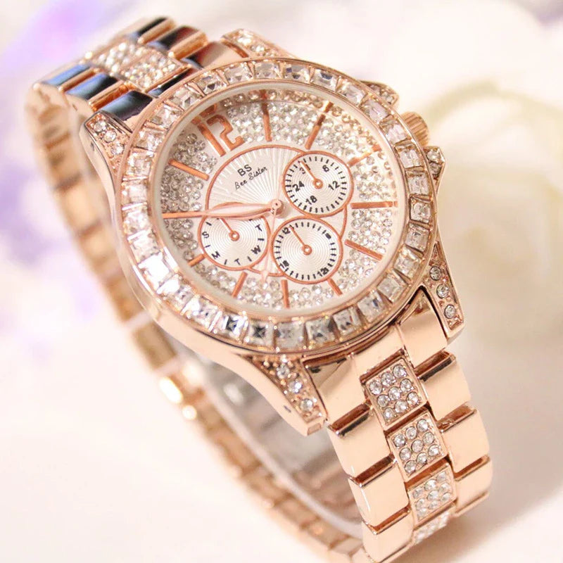 Ladies' Fashion Luxury Three-Eye Fully Bejewelled Crystal Large Dial Quartz Watch - Elegant, Crystal-Studded Timepiece with Stainless Steel Construction