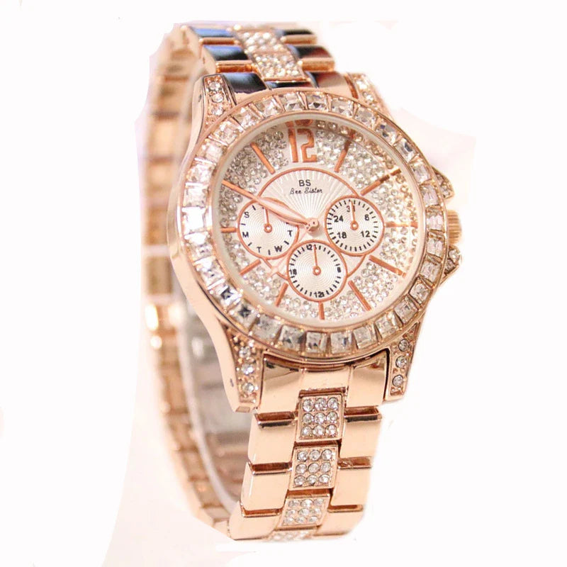 Ladies' Fashion Luxury Three-Eye Fully Bejewelled Crystal Large Dial Quartz Watch - Elegant, Crystal-Studded Timepiece with Stainless Steel Construction