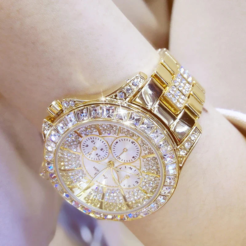 Ladies' Fashion Luxury Three-Eye Fully Bejewelled Crystal Large Dial Quartz Watch - Elegant, Crystal-Studded Timepiece with Stainless Steel Construction