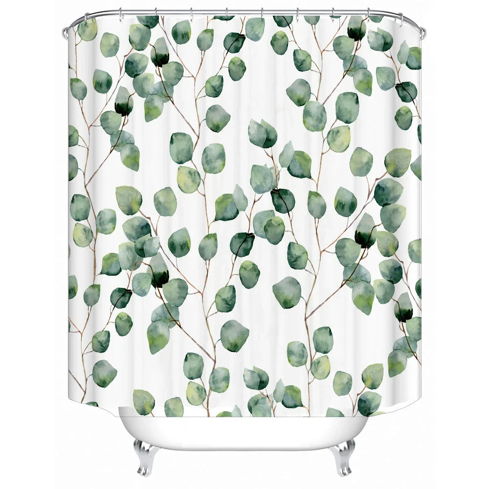 Green Leaves Waterproof Bath Curtain with vibrant leaf pattern, made of durable polyester fabric and featuring rustproof metal grommets for easy installation