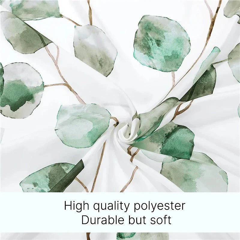 Green Leaves Waterproof Bath Curtain with vibrant leaf pattern, made of durable polyester fabric and featuring rustproof metal grommets for easy installation