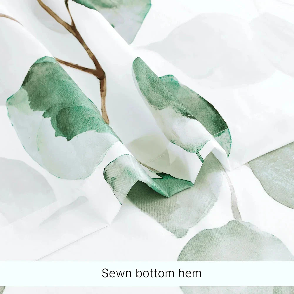 Green Leaves Waterproof Bath Curtain with vibrant leaf pattern, made of durable polyester fabric and featuring rustproof metal grommets for easy installation