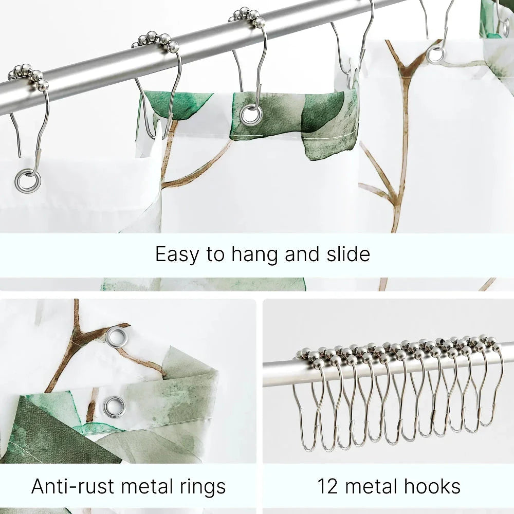 Green Leaves Waterproof Bath Curtain with vibrant leaf pattern, made of durable polyester fabric and featuring rustproof metal grommets for easy installation