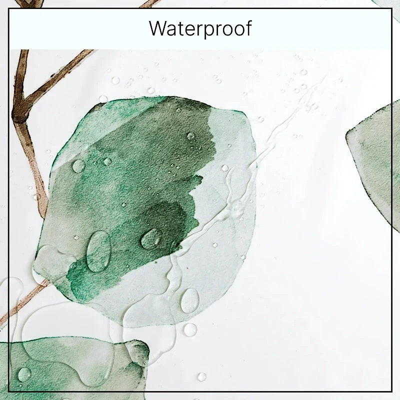 Green Leaves Waterproof Bath Curtain with vibrant leaf pattern, made of durable polyester fabric and featuring rustproof metal grommets for easy installation