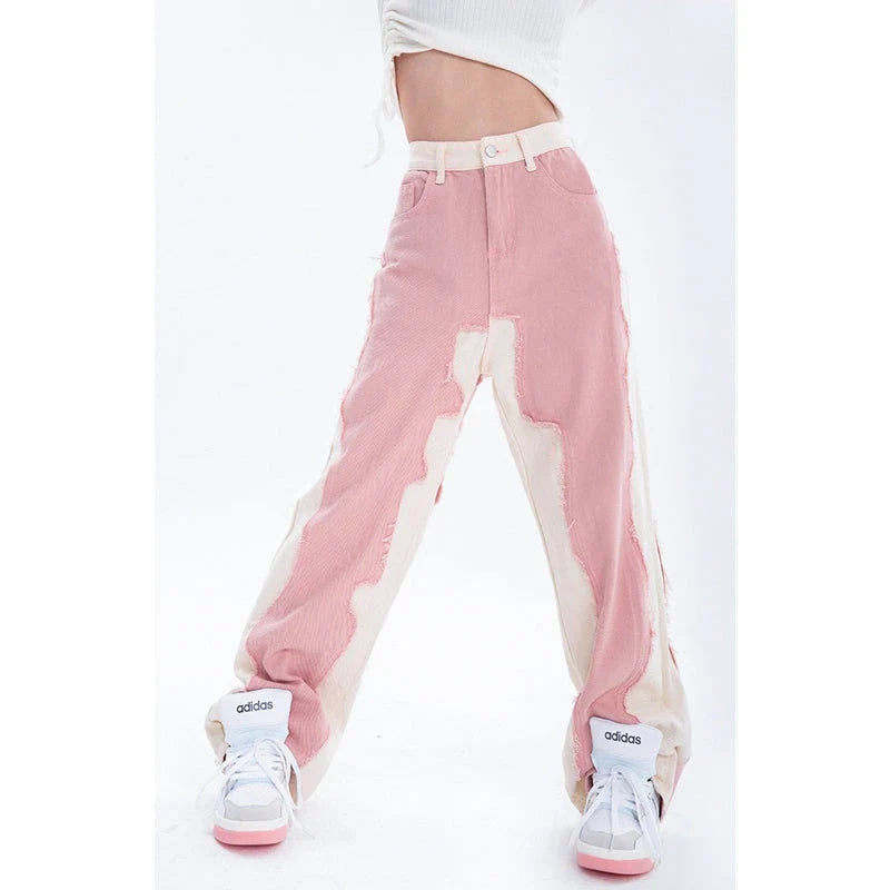Model wearing high-waisted, wide-leg pink denim jeans with a stylish and comfortable fit