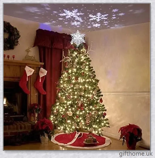 A Christmas tree topper with a 3D star design, flashing powder, and a built-in LED projector that casts rotating multicolour patterns, creating a magical winter wonderland effect.