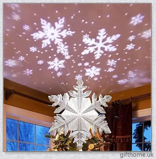 A Christmas tree topper with a 3D star design, flashing powder, and a built-in LED projector that casts rotating multicolour patterns, creating a magical winter wonderland effect.