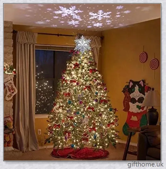 A Christmas tree topper with a 3D star design, flashing powder, and a built-in LED projector that casts rotating multicolour patterns, creating a magical winter wonderland effect.