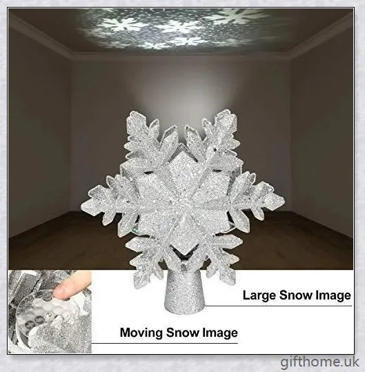 A Christmas tree topper with a 3D star design, flashing powder, and a built-in LED projector that casts rotating multicolour patterns, creating a magical winter wonderland effect.