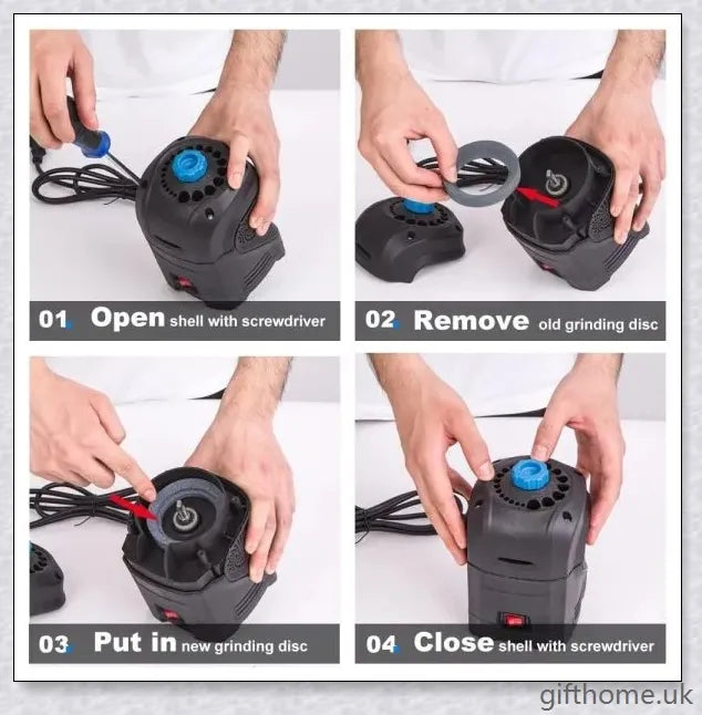 A compact drill bit sharpener designed to quickly restore the edge on worn-out drill bits, suitable for a wide range of bit sizes and materials.