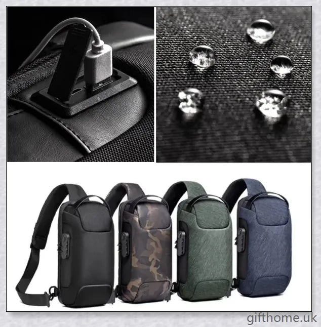 Anti-theft crossbody bag made of abrasion-resistant and scratch-resistant fabric, with USB charging and custom lock system