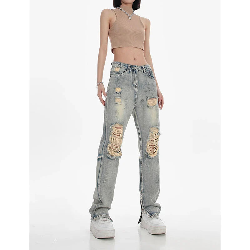 Women's high-waisted ripped straight leg jeans in a vintage blue wash