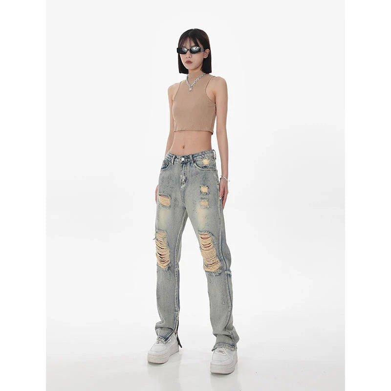 Women's high-waisted ripped straight leg jeans in a vintage blue wash