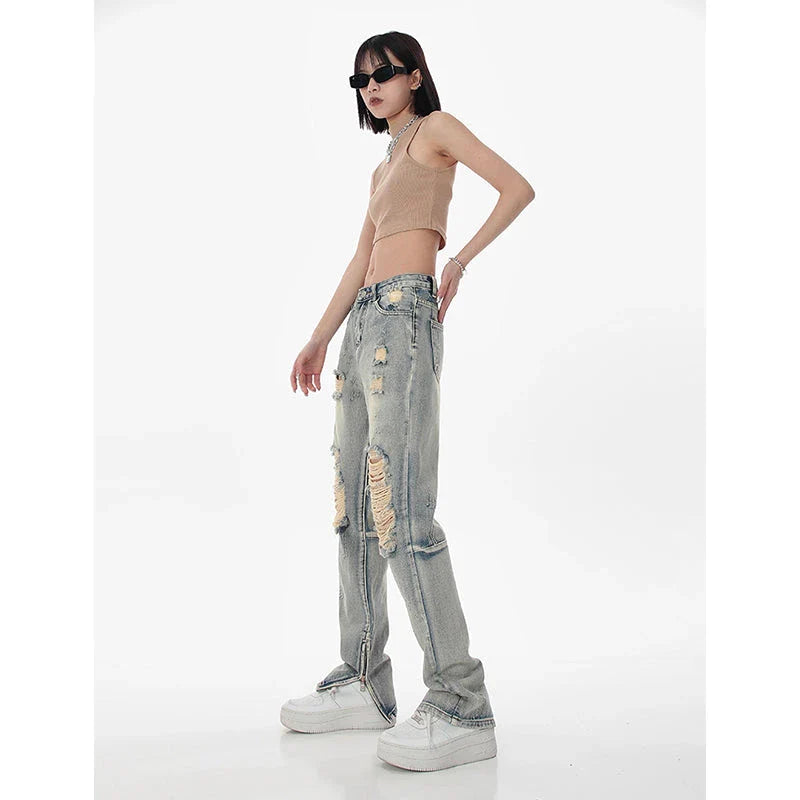 Women's high-waisted ripped straight leg jeans in a vintage blue wash