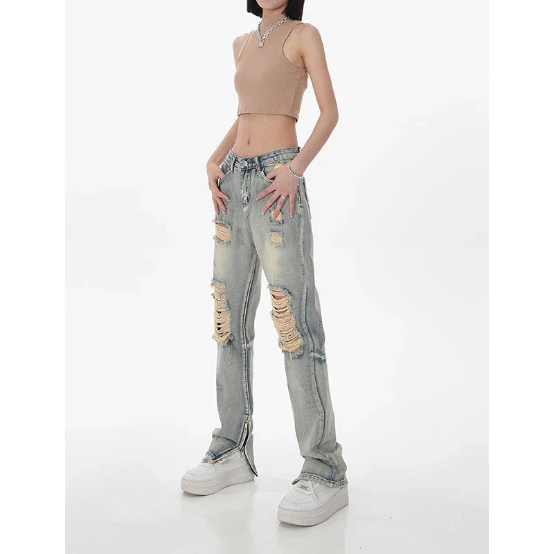 Women's high-waisted ripped straight leg jeans in a vintage blue wash