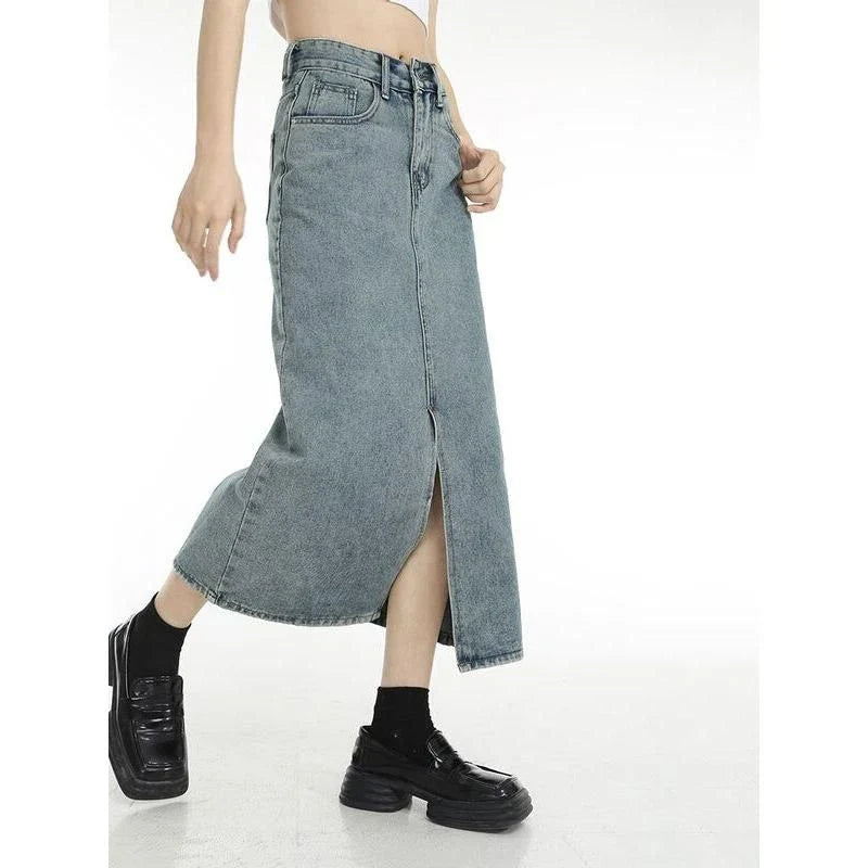 GiftHome UK Chic Vintage Blue Denim Midi Skirt with Front Slit