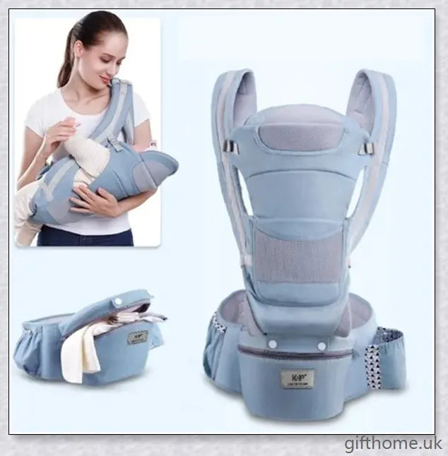 Trabyhand Baby Carrier Waist Stool in grey, navy blue, and beige colours, featuring a versatile design for comfortable, hands-free baby transport.