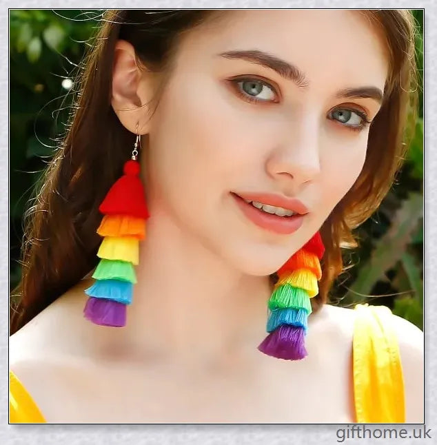 Pair of vibrant, hand-woven tassel earrings in bohemian vacation style