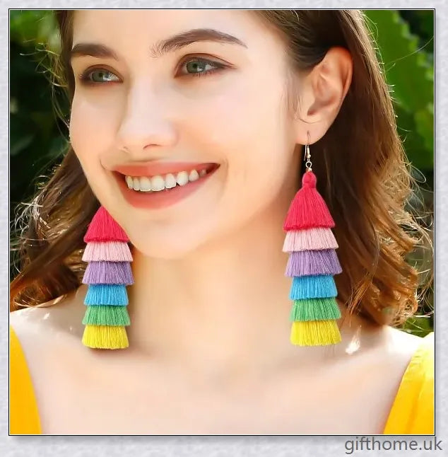 Pair of vibrant, hand-woven tassel earrings in bohemian vacation style