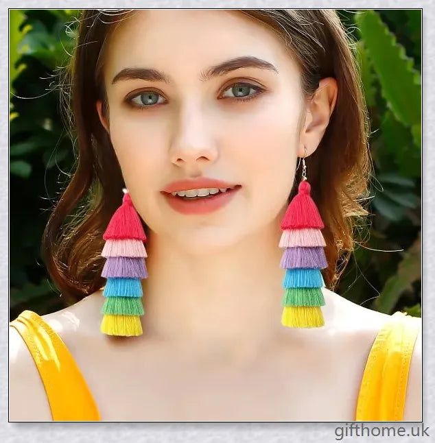 Pair of vibrant, hand-woven tassel earrings in bohemian vacation style