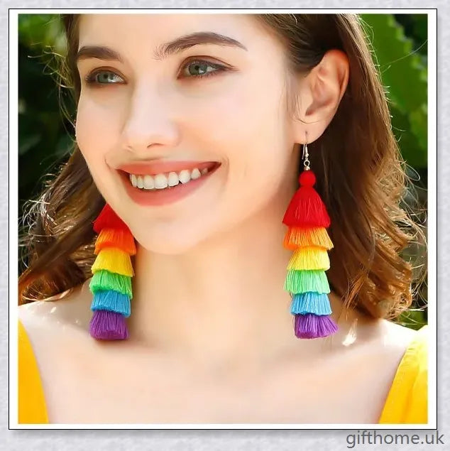 Pair of vibrant, hand-woven tassel earrings in bohemian vacation style