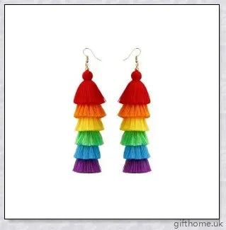 Pair of vibrant, hand-woven tassel earrings in bohemian vacation style