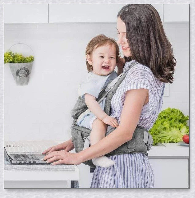 Proactive Sunveno Explorer Baby Carrier in grey, navy, and black colours with adjustable straps and breathable mesh and cotton materials
